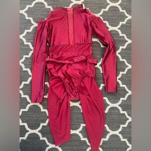 Burgundy one piece with mesh biker short dance costume